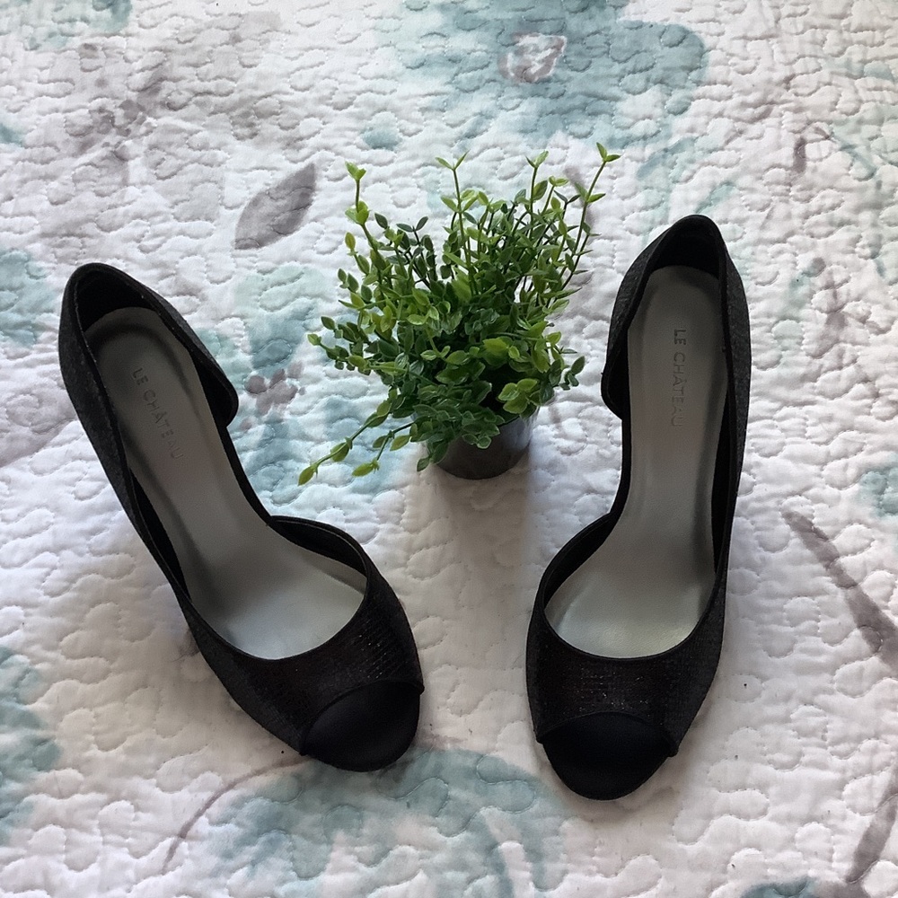 🍉 Le chateau, black sparkly high heels, BNIB, open toe & arch, rigid, versatile